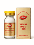 Dabur Vasant Malti Ras (With Gold & Pearl) 10 and 30 Tablet glass medicine bottle with a yellow cap alongside its matching gold outer packaging box featuring the Dabur brand logo | BodyStop