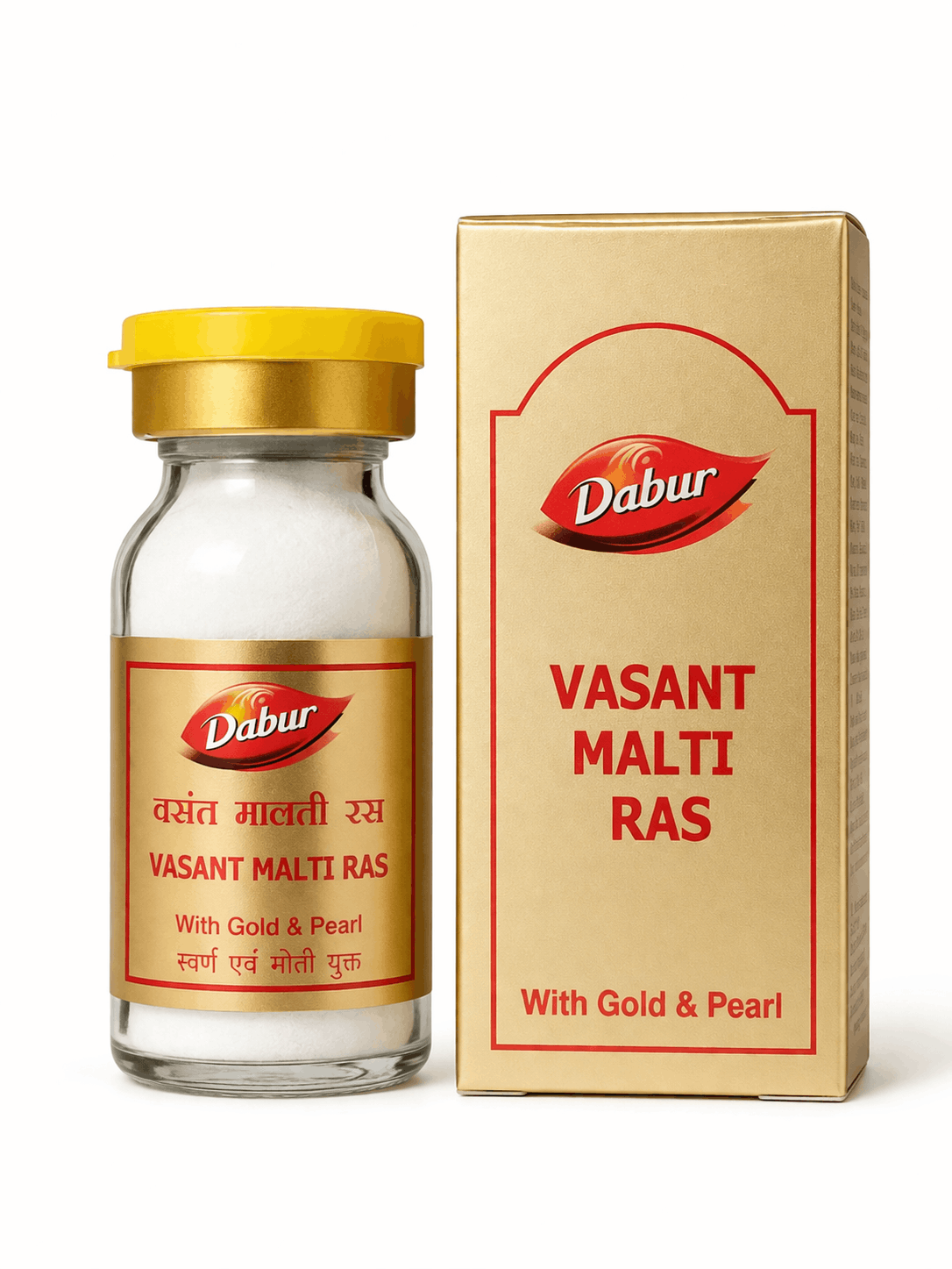 Dabur Vasant Malti Ras (With Gold & Pearl) 10 and 30 Tablet glass medicine bottle with a yellow cap alongside its matching gold outer packaging box featuring the Dabur brand logo | BodyStop
