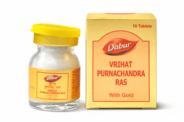 Dabur Vrihat Purnachandra Ras (With Gold) glass medicine bottle with a yellow cap next to its gold outer packaging box labeled with 10 Tablets and the Dabur brand logo | BodyStop