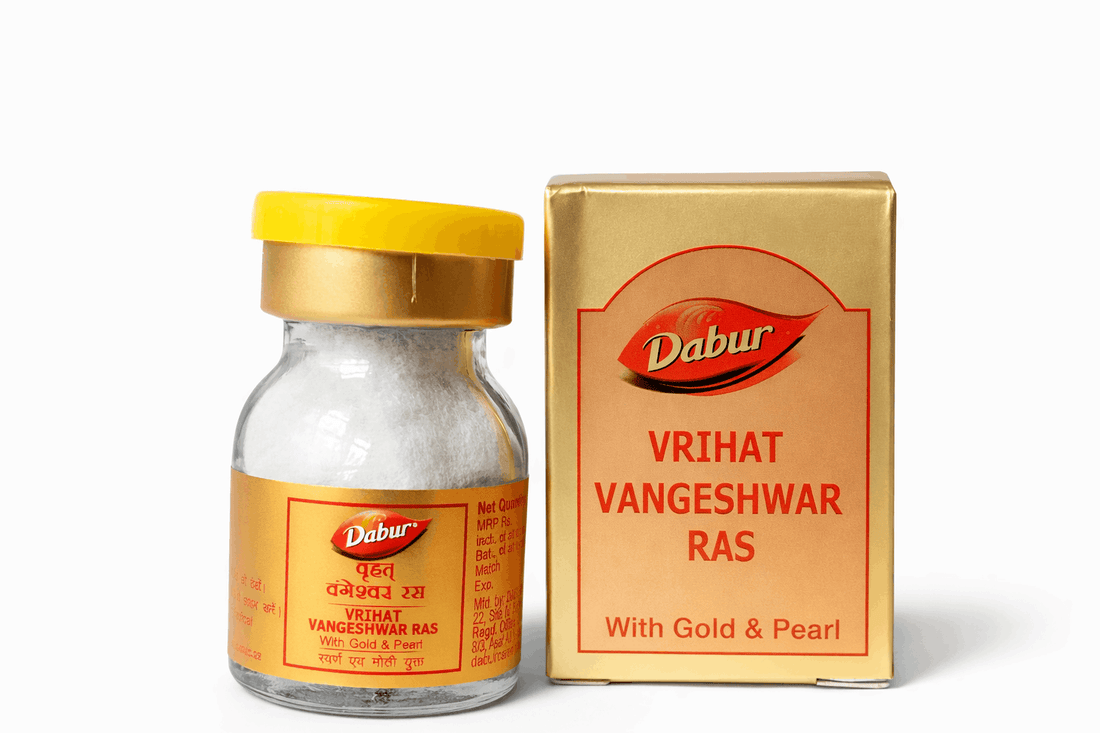 Dabur Vrihat Vangeshwar Ras With Gold & Pearl bottle and outer packaging box | BodyStop