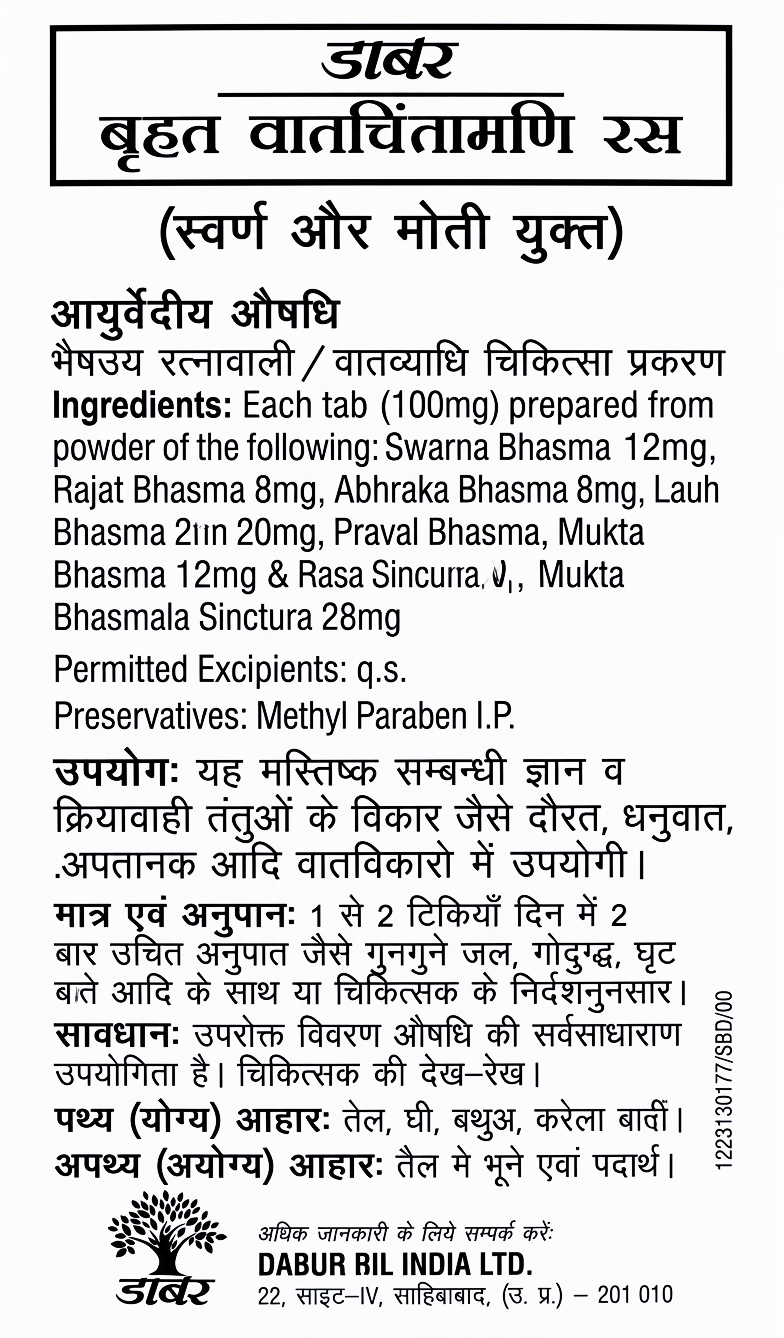 Dabur Vrihat Vatchintamani Ras (स्वर्ण और मोती युक्त) informational leaflet in Hindi detailing composition, ingredients, indications for neurological and Vata disorders, dosage, and dietary guidelines from Dabur India Limited