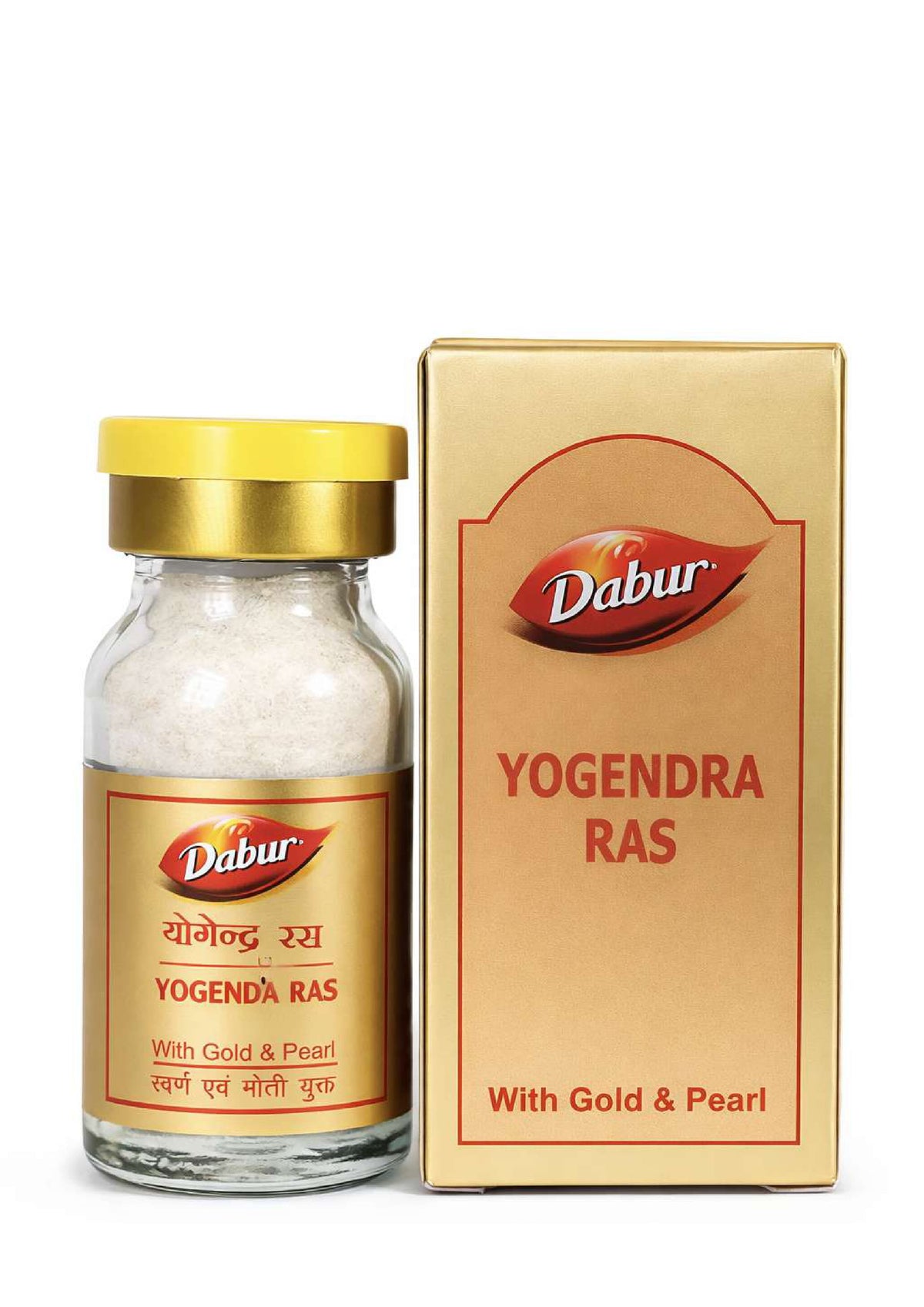 Dabur Yogendra Ras (With Gold & Pearl) 10 and 30 tablet glass medicine bottle with a yellow cap and its matching gold outer packaging box featuring the Dabur brand logo | BodyStop