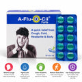 Dhootapapeshwar A-Flu-O-Cil Forte banner featuring the outer packaging box and a blue blister pack of green tablets, highlighting benefits such as relieving cough (soothing throat & helping easy breathing), fighting cold (helping reduce sneezing & nasal congestion), easing headache (providing quick relief from headache), reducing body ache (helping ease body pain and discomfort), and offering a fast-acting formula for quick relief | BodyStop