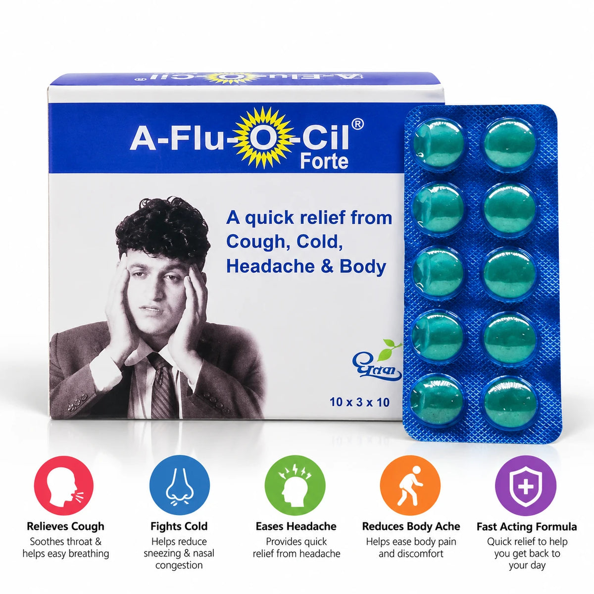 Dhootapapeshwar A-Flu-O-Cil Forte banner featuring the outer packaging box and a blue blister pack of green tablets, highlighting benefits such as relieving cough (soothing throat & helping easy breathing), fighting cold (helping reduce sneezing & nasal congestion), easing headache (providing quick relief from headache), reducing body ache (helping ease body pain and discomfort), and offering a fast-acting formula for quick relief | BodyStop