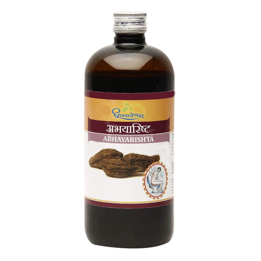 Dhootapapeshwar Abhayarishta amber glass bottle back label detailing ingredients per 10 ml including Haritaki, Vidanga, Madhooka, and Draksha, preservatives, indications for constipation (malamootra vibandha nashak), piles (arsha), and digestion, dosage of 2 to 4 teaspoons twice a day, and self-generated alcohol content not more than 11% v/v | BodyStop