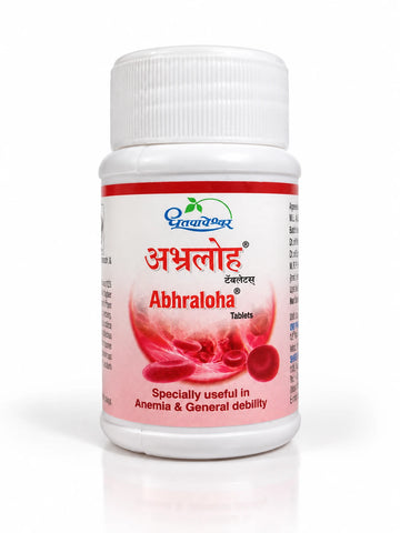 Dhootapapeshwar Abhraloha Tablets white plastic bottle with a white cap and product label featuring Hindi and English titles (अभ्रलoh टेबलेट्स / Abhraloha Tablets), an illustration of red blood cells, and the tagline (Specially useful in Anemia & General debility) | BodyStop