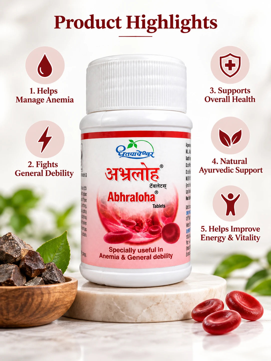 Dhootapapeshwar Abhraloha 30 Tablets featuring the product bottle and highlighting key benefits such as helping manage anemia, fighting general debility, supporting overall health, providing natural Ayurvedic support, and helping improve energy & vitality, displayed alongside a bowl of resinous mineral/herbal pieces, red blood cells, and green leaves | BodyStop