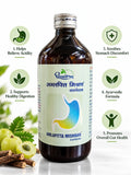 Dhootapapeshwar Amlapitta Mishran Suspension promotional banner featuring the product bottle and highlighting five key benefits: 1. Helps Relieve Acidity, 2. Supports Healthy Digestion, 3. Soothes Stomach Discomfort, 4. Ayurvedic Formula, and 5. Promotes Overall Gut Health, displayed alongside fresh amla fruits, cut sections, and woody roots | BodyStop
