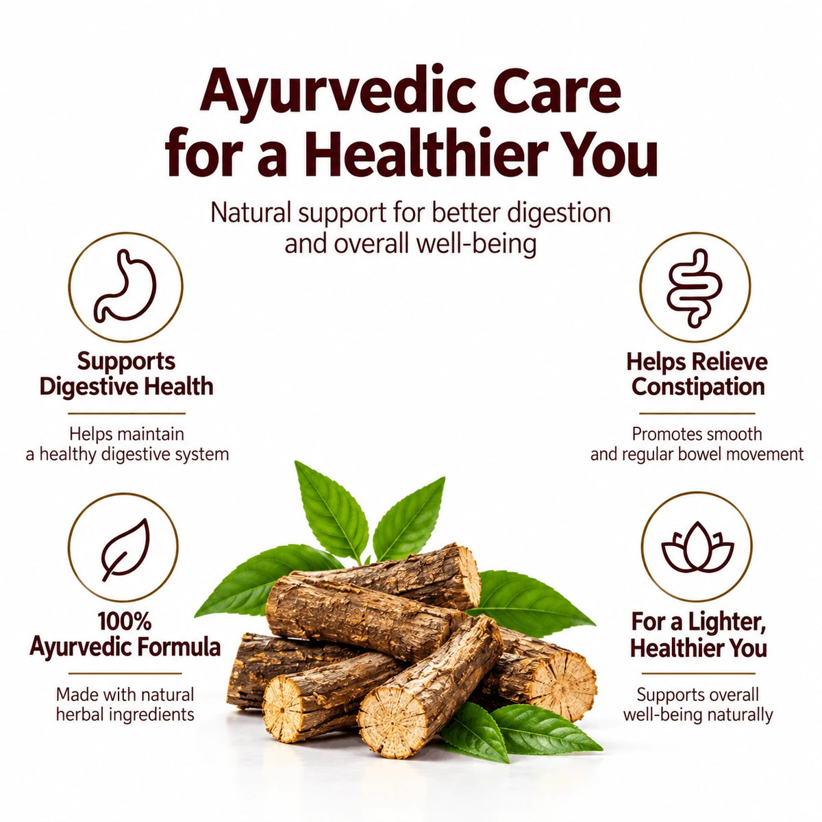 Dhootapapeshwar Amrutarishta promotional marketing banner detailing Ayurvedic care for a healthier you, supporting digestive health, relieving constipation, immunity, featuring a 100% Ayurvedic formula made with natural herbal ingredients, and promoting overall well-being alongside imagery of Guduchi stems | BodyStop