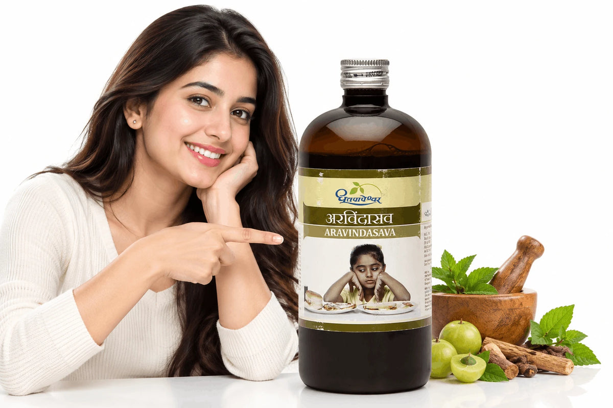 lifestyle image featuring a smiling woman posing next to a bottle of Dhootapapeshwar Aravindasava, accompanied by fresh Amla fruits, herbal roots, and a mortar and pestle setup