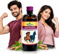 Promotional lifestyle image featuring a smiling man flexing his arm and a smiling woman posing next to a bottle of Dhootapapeshwar Ashvagandharishta, accompanied by Ashwagandha roots and leaves | BodyStop