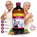 Promotional lifestyle image featuring an elderly smiling couple giving thumbs-up next to a bottle of Dhootapapeshwar Balarishta, highlighting benefits for back pain, joint flexibility, muscle and bone strength, and active living for a stronger, more active tomorrow | BodyStop