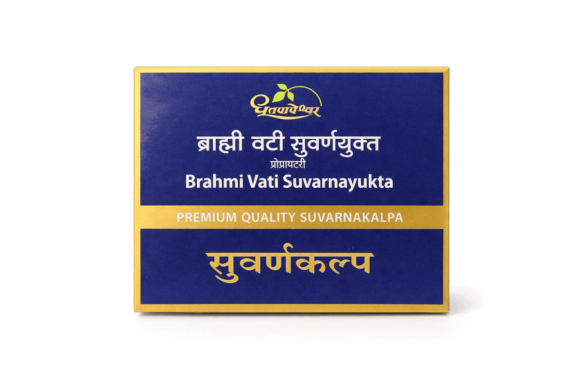 Dhootapapeshwar Brahmi Vati Suvarnayukta tablets box packaging featuring the brand logo, product title in Hindi and English, and the text PREMIUM QUALITY SUVARNAKALPA | BodyStop