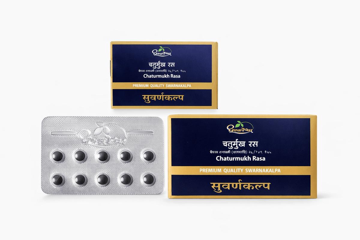 Dhootapapeshwar Chaturmukh Rasa tablets packaging showing product boxes, a product booklet, and a blister pack containing dark round tablets | BodyStop