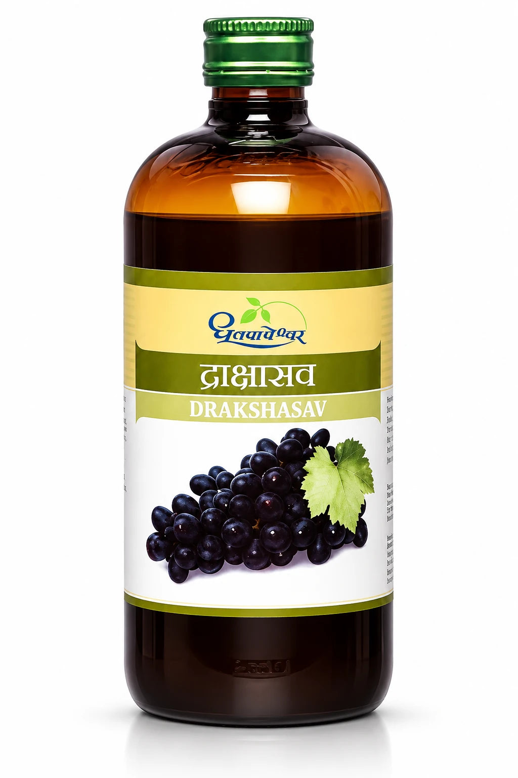 Dhootapapeshwar Drakshasav amber glass bottle with a green cap and product label featuring Hindi and English titles along with imagery of a cluster of black grapes with a leaf | BodyStop