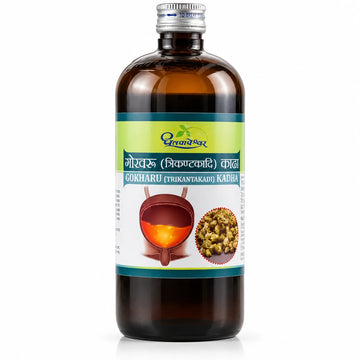 Dhootapapeshwar Gokharu (Trikantakadi) Kadha amber glass bottle with a silver seal cap and product label featuring Hindi and English titles along with anatomical imagery of the urinary bladder and a circular inset showing dried Gokharu fruits | BodyStop