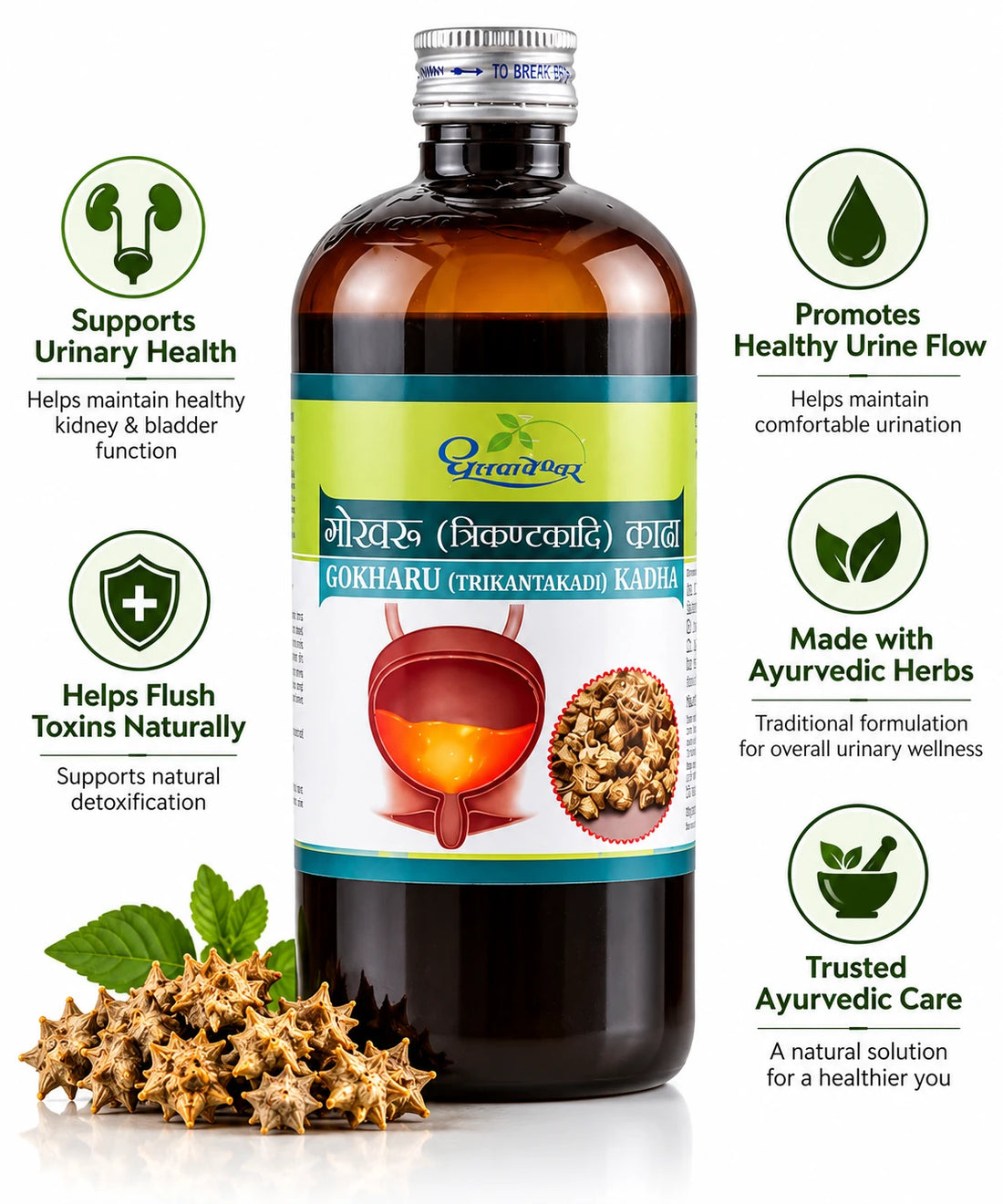 Dhootapapeshwar Gokharu (Trikantakadi) Kadha amber glass bottle with a silver seal cap and product label featuring Hindi and English titles along with anatomical imagery of the urinary bladder and a circular inset showing dried Gokharu fruits | BodyStop