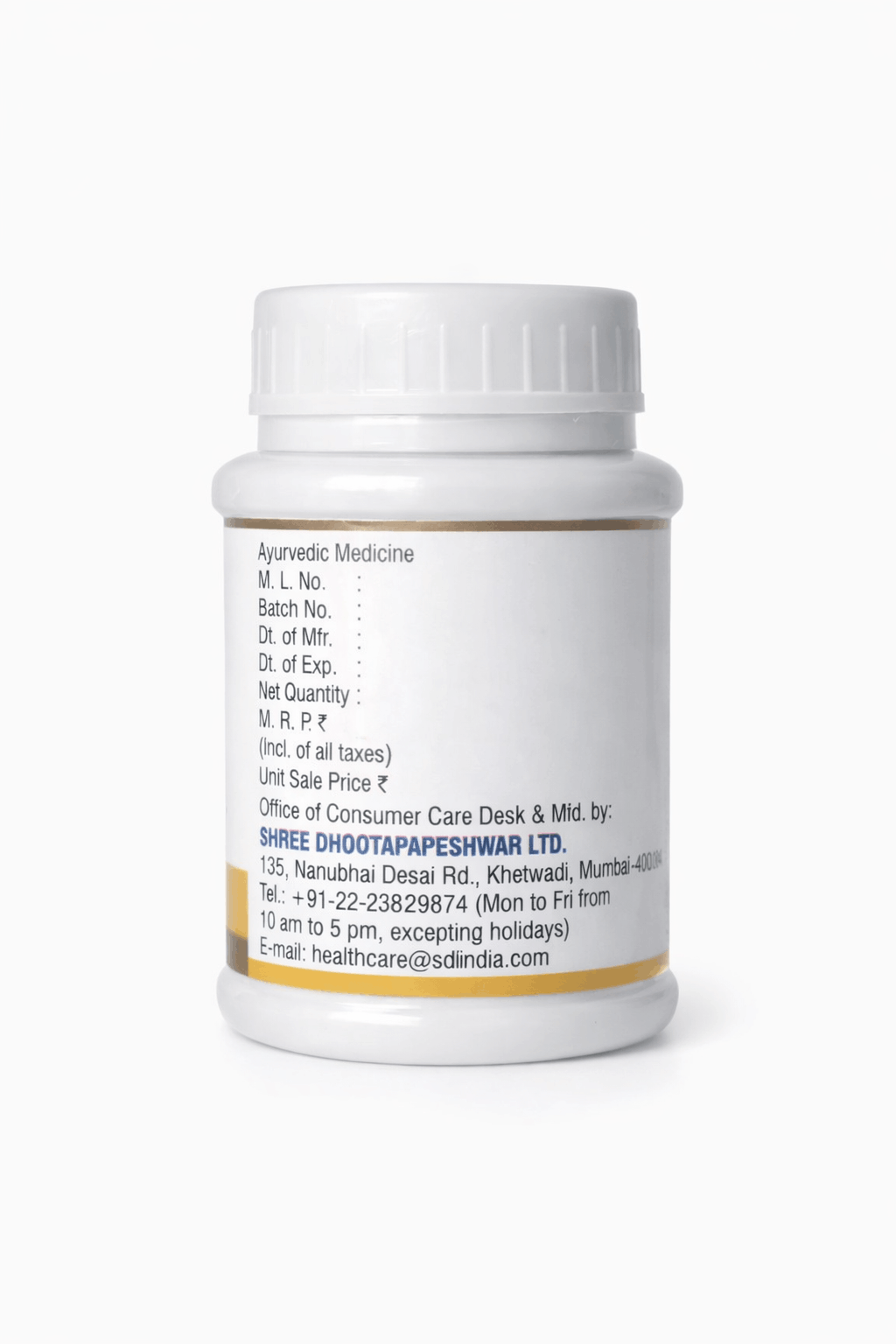 Dhootapapeshwar Heeraka Bhasma white medicine bottle side labeling showing manufacturing, batch, expiry details, manufacturer address, and consumer care contact information | BodyStop