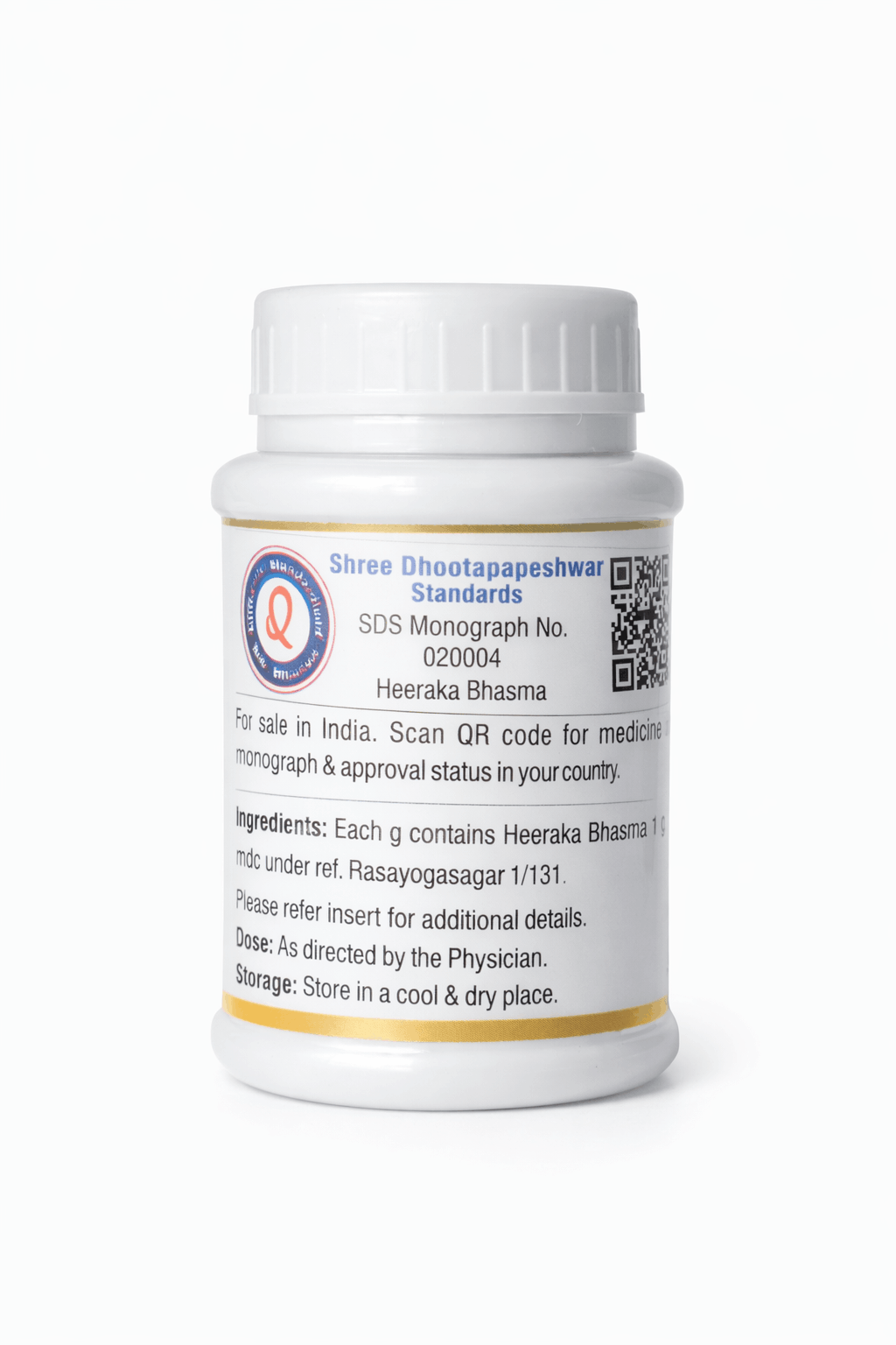 Dhootapapeshwar Heeraka(hira) Bhasma white medicine bottle back labeling showing standard details, SDS monograph number, ingredients, dosage, storage, and a QR code | BodyStop