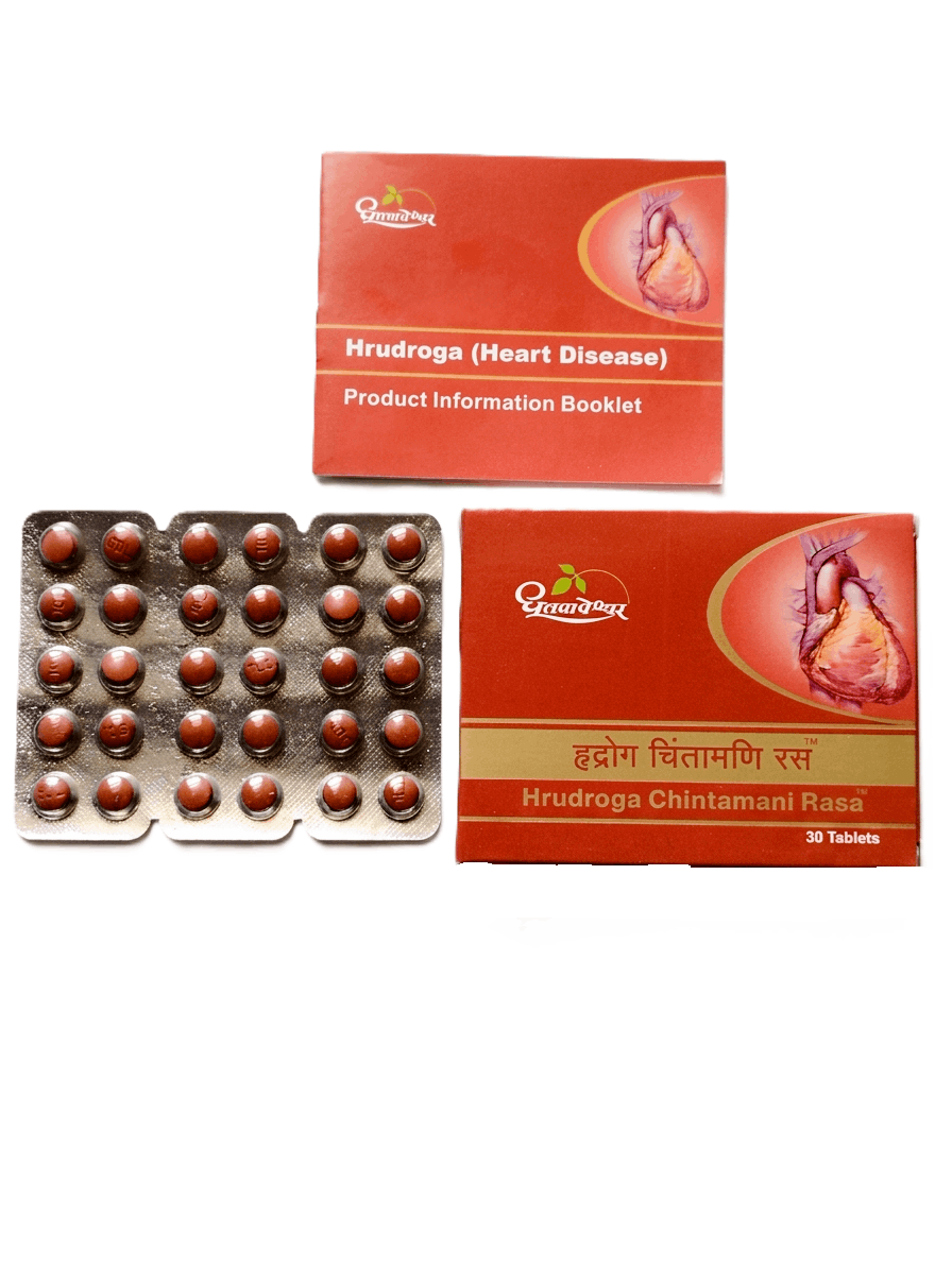 Dhootapapeshwar Hrudroga Chintamani Ras tablets packaging showing the product box, an Hrudroga (Heart Disease) product information booklet, and a blister pack containing reddish-brown 30 tablets | BodyStop