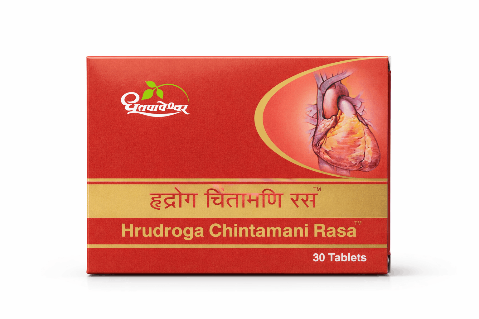 Dhootapapeshwar Hrudroga Chintamani Rasa tablets box packaging featuring the brand logo, an anatomical heart graphic, product title in Hindi and English, and a net quantity of 30 tablets | BodyStop