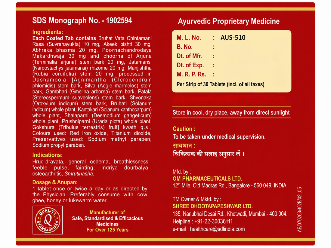 Dhootapapeshwar Hrudroga Chintamani Rasa tablets box packaging featuring the brand logo, a graphic of a human heart, product title in Hindi and English, and a net quantity of 30 tablets | BodyStop