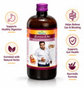 Dhootapapeshwar Jeerakadyarisht promotional banner highlighting key benefits including supporting healthy digestion, helping relieve gas and bloating, supporting gut health, and providing an authentic Ayurvedic formula enriched with natural herbs, displayed alongside gastrointestinal iconography and the medicine bottle | BodyStop