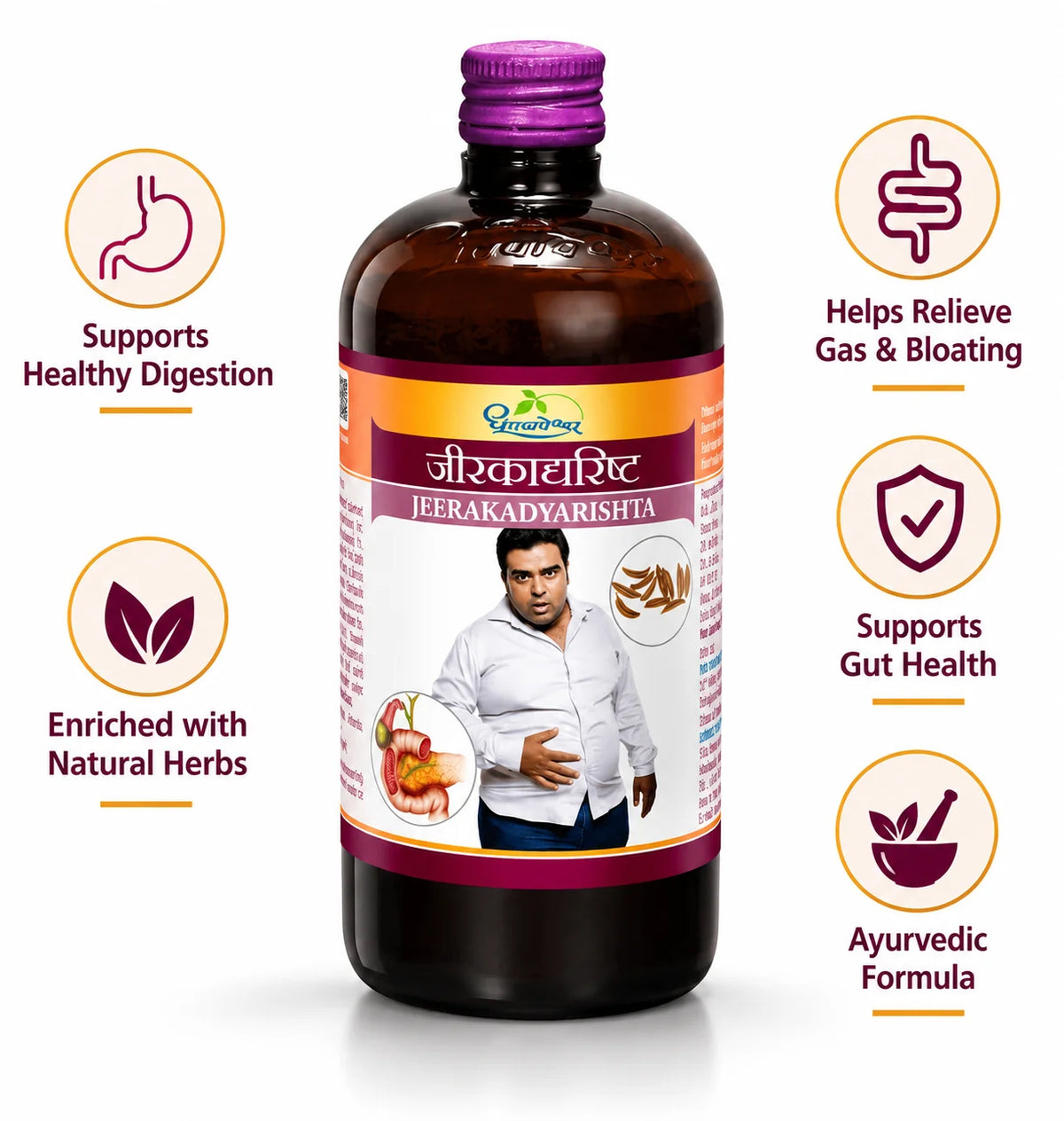 Dhootapapeshwar Jeerakadyarisht promotional banner highlighting key benefits including supporting healthy digestion, helping relieve gas and bloating, supporting gut health, and providing an authentic Ayurvedic formula enriched with natural herbs, displayed alongside gastrointestinal iconography and the medicine bottle | BodyStop