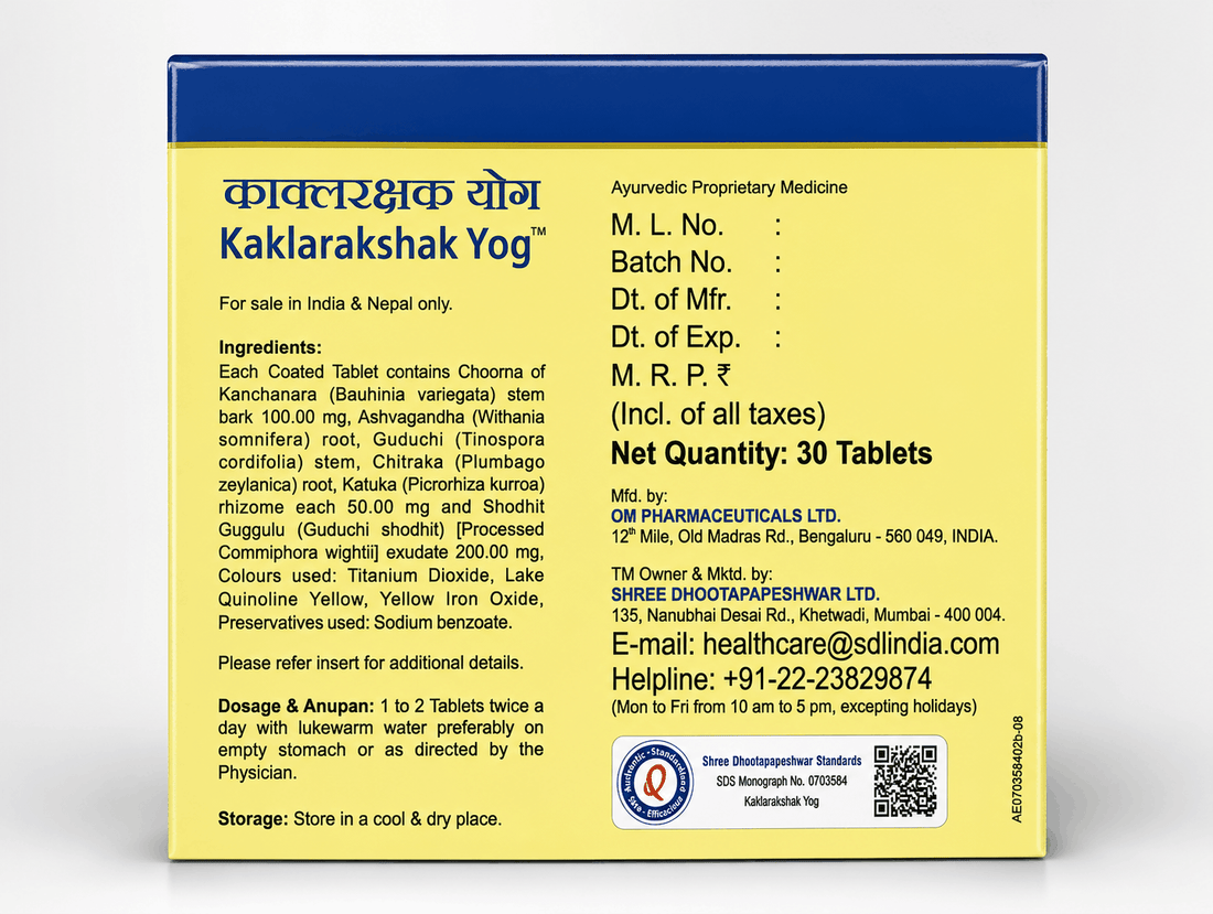 Dhootapapeshwar Kaklarakshak Yog tablets box packaging featuring the brand logo, product title in Hindi and English, "Natural Thyroid Stimulator" subtitle, and a net quantity of 30 tablets | BodyStop