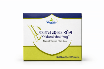 Dhootapapeshwar Kaklarakshak Yog tablets box packaging featuring the brand logo, product title in Hindi and English, "Natural Thyroid Stimulator" subtitle, and a net quantity of 30 tablets | BodyStop