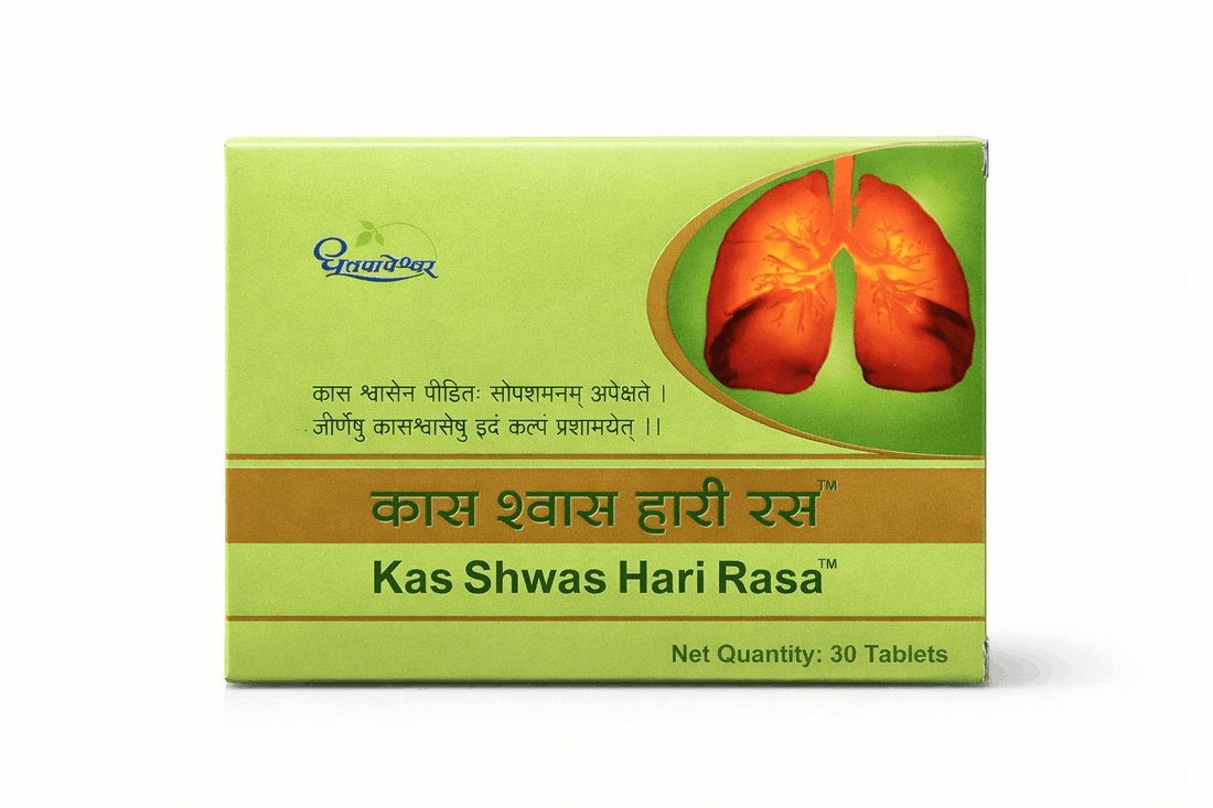 Dhootapapeshwar Kas Shwas Hari Rasa tablets box packaging featuring the brand logo, a graphic of lungs, product title in Hindi and English, and a net quantity of 30 tablets | BodyStop