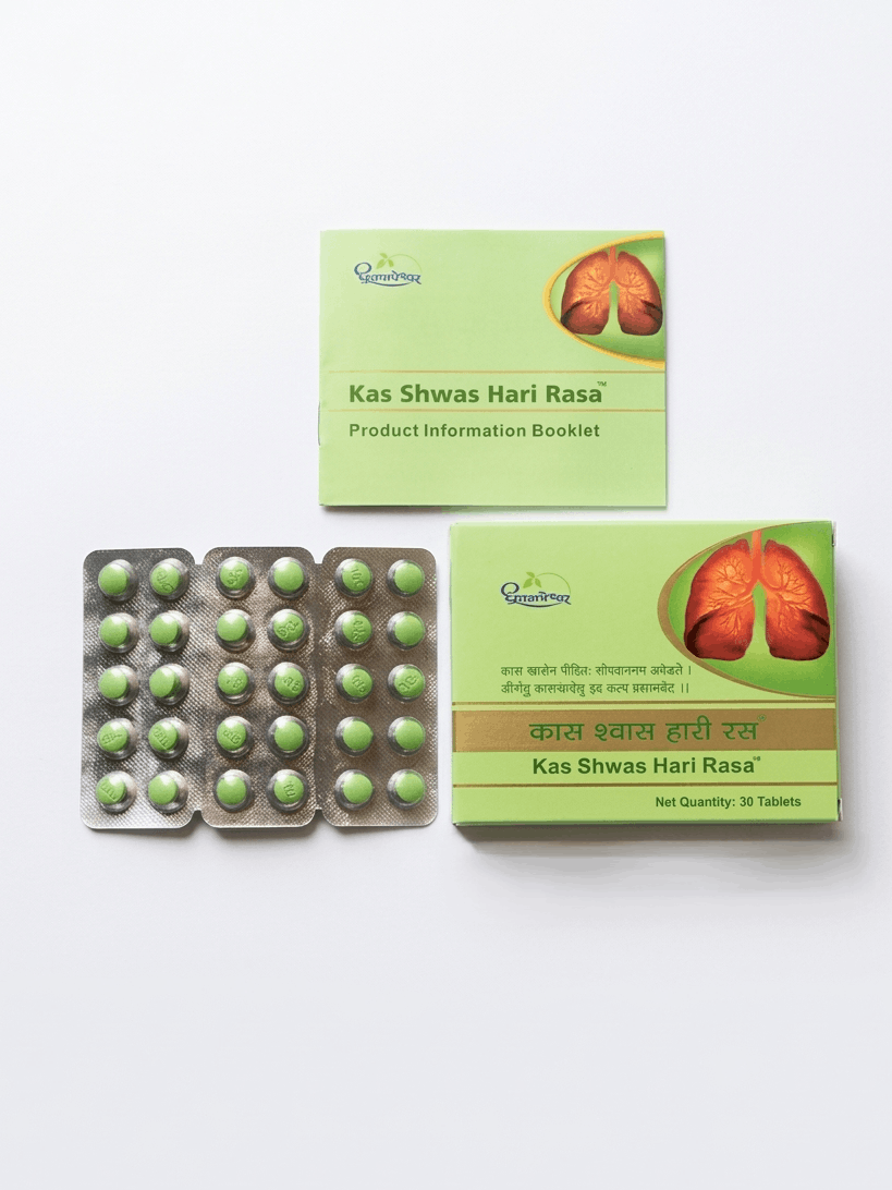 Dhootapapeshwar Kas Shwas Hari Rasa tablets packaging showing the product box, a product information booklet, and a blister pack containing green tablets | BodyStop