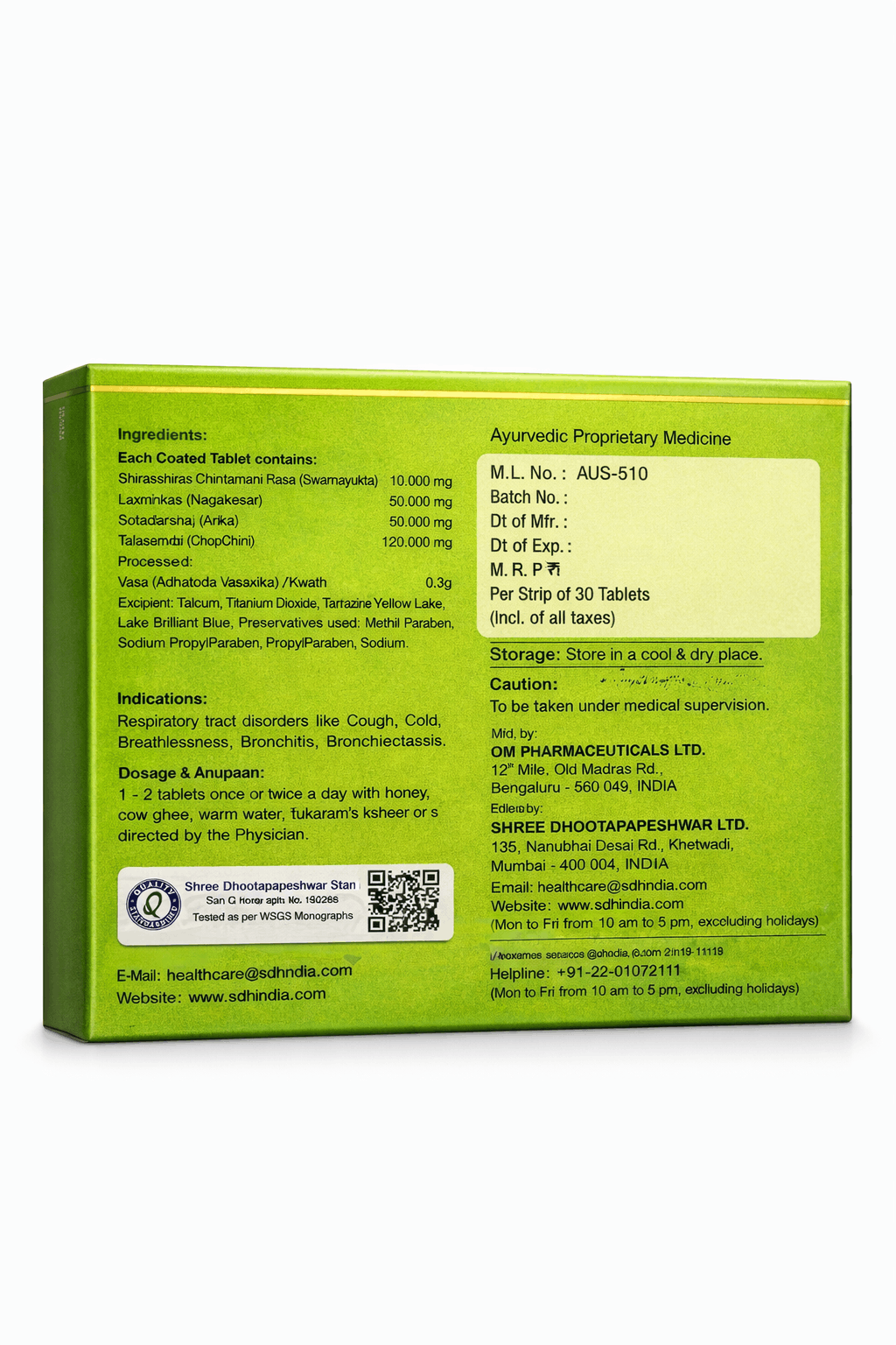 Dhootapapeshwar Kas Shwas Hari Rasa tablets box packaging featuring the brand logo, a graphic of lungs, product title in Hindi and English, and a net quantity of 30 tablets | BodyStop