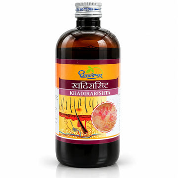 Dhootapapeshwar Khadirarishta amber glass bottle with a silver seal cap and product label featuring Hindi and English titles along with anatomical cross-section diagrams of human skin layers, hair follicles, and a circular inset showing a skin condition | BodyStop