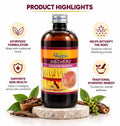 Dhootapapeshwar Khadirarishta promotional banner highlighting product features such as an authentic Ayurvedic formulation made with traditional herbs, support for skin health to manage various skin conditions, assistance in detoxifying the body by supporting the natural cleansing process, and a traditional Ayurvedic remedy trusted for overall wellness, displayed alongside wood bark in a wooden bowl, green leaves, and the medicine bottle | BodyStop