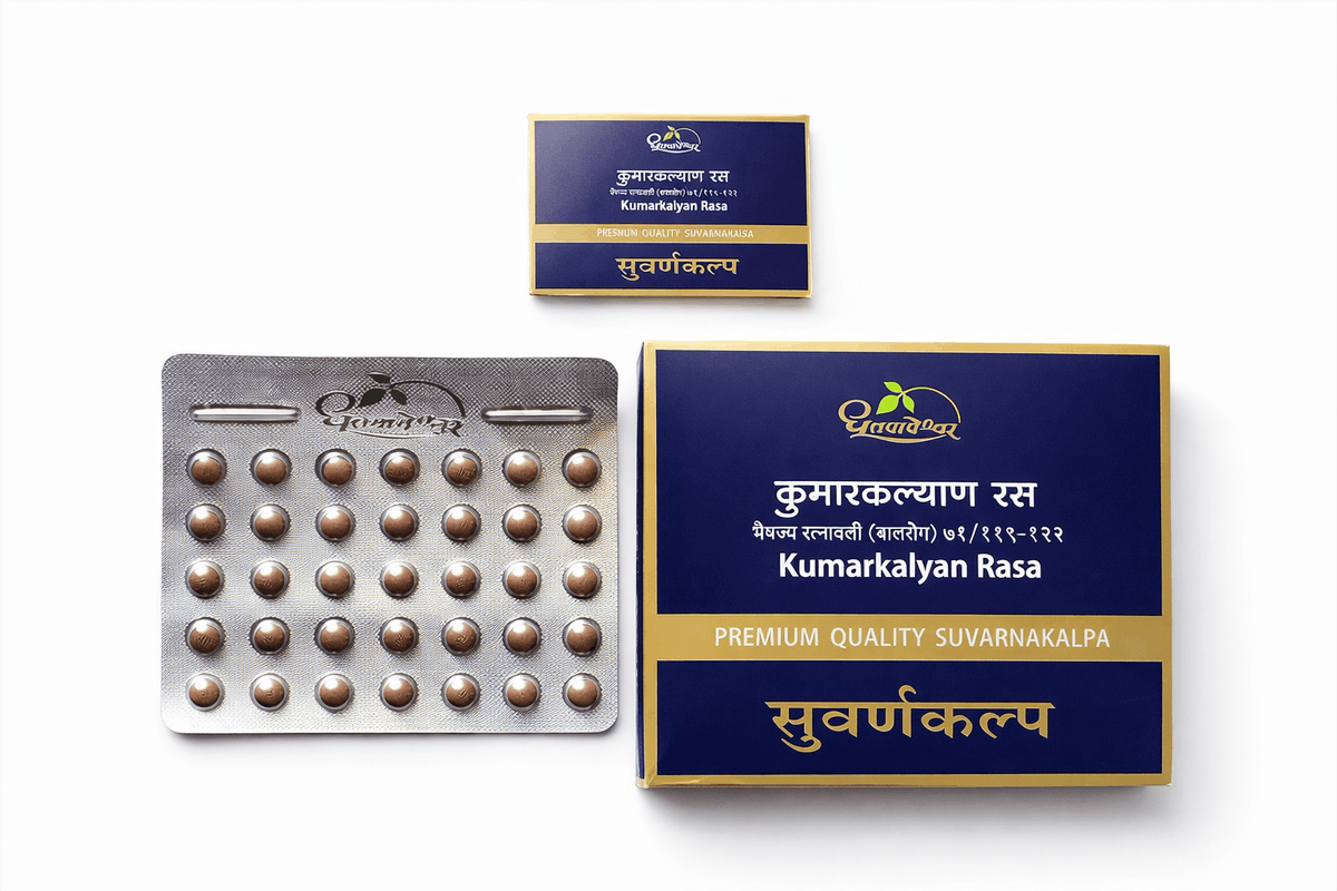 Dhootapapeshwar Kumarkalyan Rasa tablets packaging showing product boxes, a product booklet, and a blister pack containing brown tablets | BodyStop