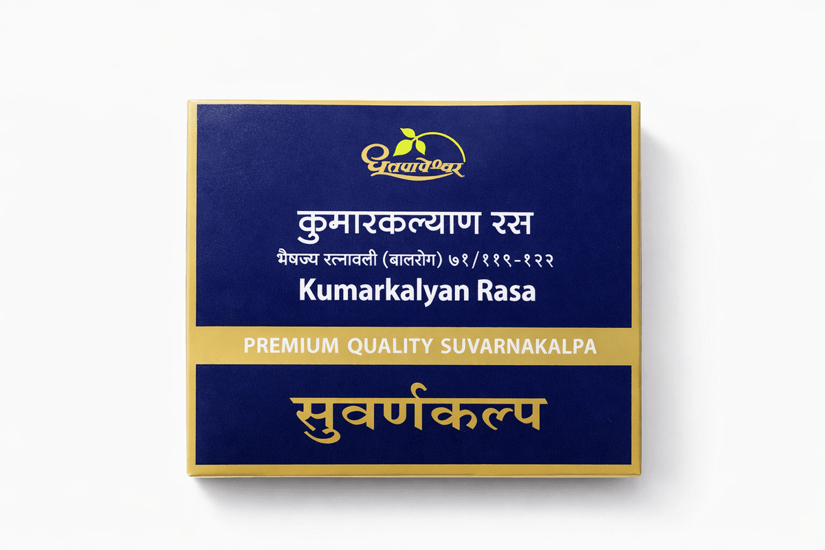 Dhootapapeshwar Kumarkalyan Rasa tablets box packaging featuring the brand logo, product title in Hindi and English, and the text PREMIUM QUALITY SUVARNAKALPA | BodyStop