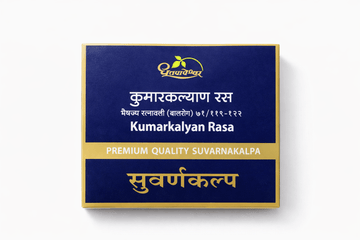 Dhootapapeshwar Kumarkalyan Rasa tablets box packaging featuring the brand logo, product title in Hindi and English, and the text PREMIUM QUALITY SUVARNAKALPA | BodyStop