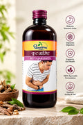 Dhootapapeshwar Kutajarishta promotional banner highlighting key product benefits including relieving stomach ache, improving digestion, supporting gut health, a 100% Ayurvedic formulation, and soothing acidity and gas, displayed alongside raw Kutaja bark in a wooden bowl, green leaves, and the medicine bottle | BodyStop