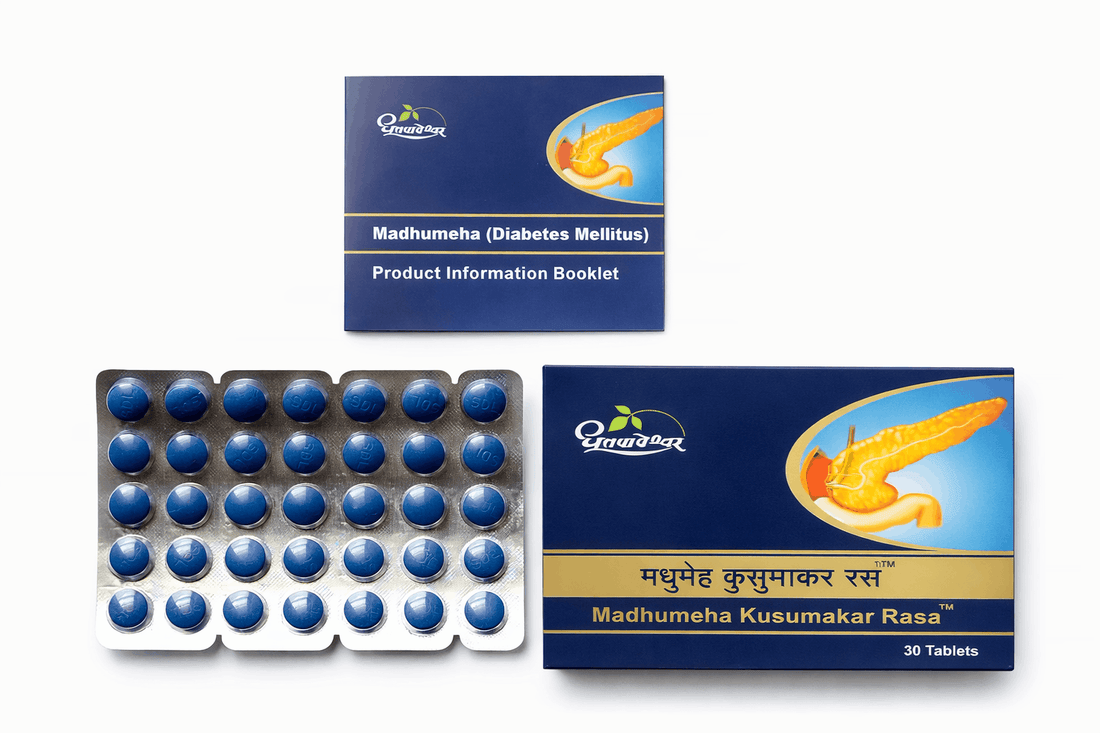 Dhootapapeshwar Madhumeha Kusumakar Rasa tablets box packaging featuring the brand logo, a pancreas graphic, product title in Hindi and English, and a net quantity of 30 tablets | BodyStop