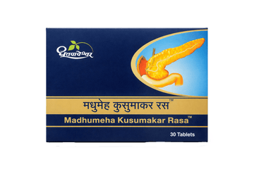 Dhootapapeshwar Madhumeha Kusumakar Rasa tablets box packaging featuring the brand logo, a pancreas graphic, product title in Hindi and English, and a net quantity of 30 tablets | BodyStop
