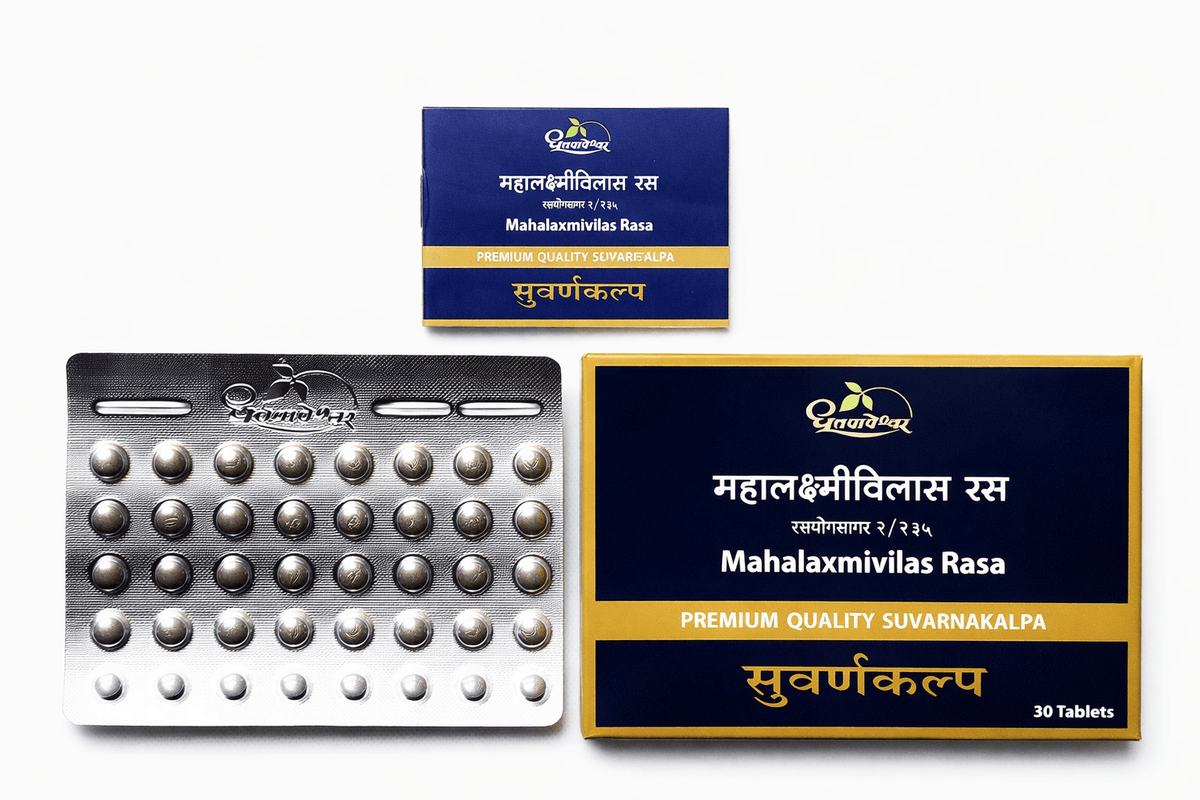 Dhootapapeshwar Mahalaxmivilas Rasa tablets packaging showing product boxes, a product booklet, and a blister pack containing golden-brown tablets | BodyStop