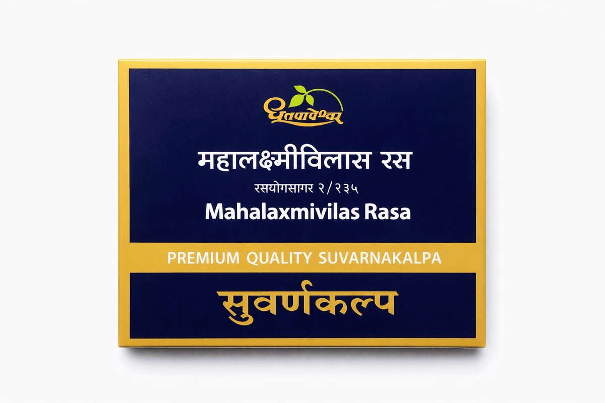 Dhootapapeshwar Mahalaxmivilas Rasa tablets box packaging featuring the brand logo, product title in Hindi and English, and the text PREMIUM QUALITY SUVARNAKALPA | BodyStop