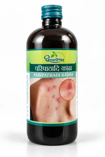 Dhootapapeshwar Paripathadi Kadha amber glass bottle with a teal cap and product label featuring Hindi and English titles (परिपाठादि काढा / PARIPATHADI KADHA), along with imagery of skin with acne, boils, and a highlighted inflamed skin lesion | BodyStop