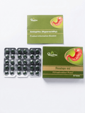 Dhootapapeshwar Pitta shekhar Ras tablets packaging showing the product box, an Amlapitta (Hyperacidity) product information booklet, and a blister pack containing dark green tablets | BodyStop