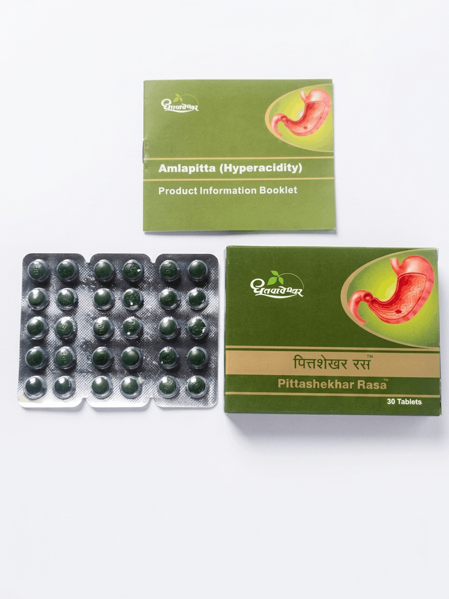 Dhootapapeshwar Pitta shekhar Ras tablets packaging showing the product box, an Amlapitta (Hyperacidity) product information booklet, and a blister pack containing dark green tablets | BodyStop