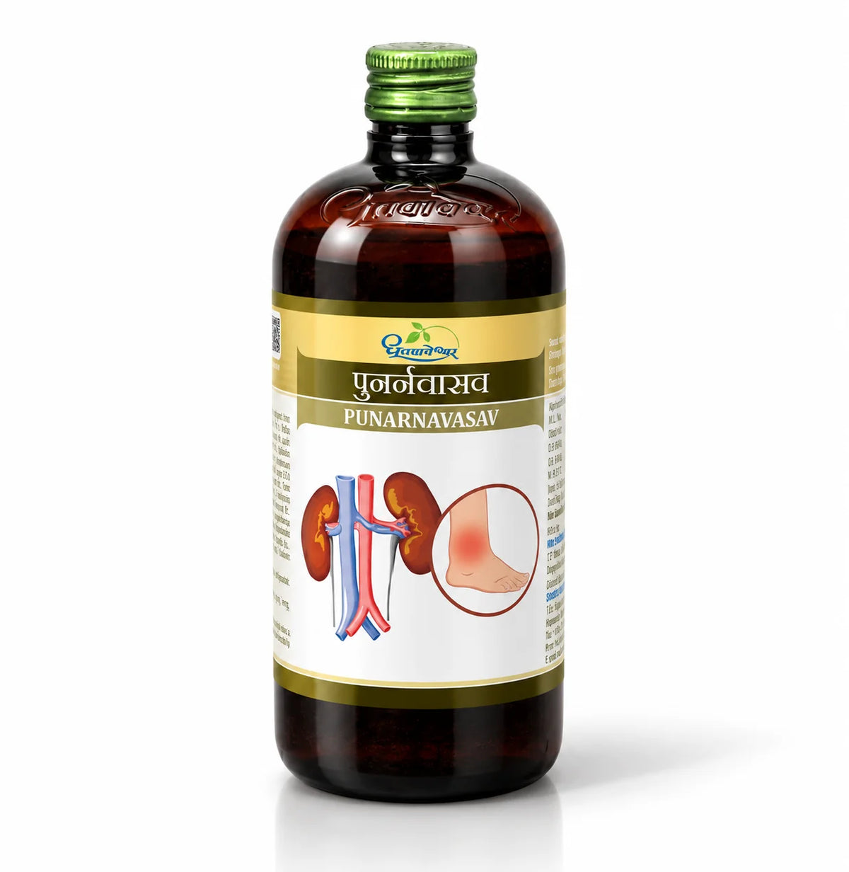 Dhootapapeshwar Punarnavasav 450ml amber glass bottle with a green cap and product label featuring Hindi and English titles (पुनर्नावासव / PUNARNAVASAV), alongside anatomical graphics of the kidneys and a highlighted swollen lower leg and ankle | BodyStop