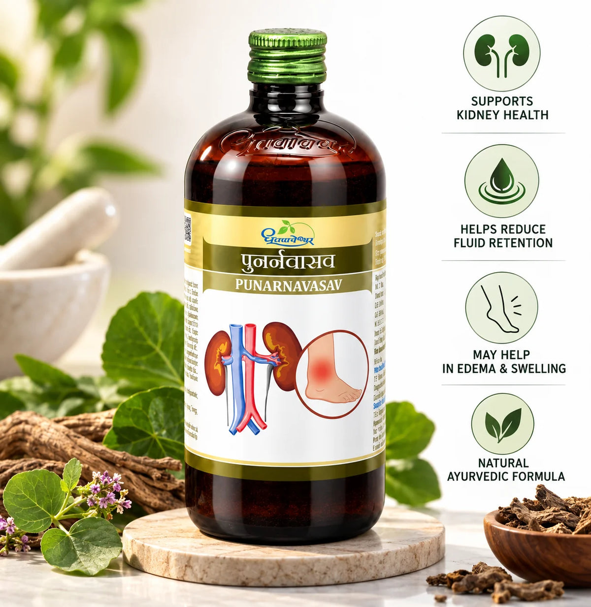 Dhootapapeshwar Punarnavasav promotional banner highlighting key health benefits including supporting kidney health, helping reduce fluid retention, aiding in edema and swelling, and providing a natural Ayurvedic formula, displayed alongside fresh Punarnava green leaves and small pinkish flowers, herbal roots, a mortar, a wooden bowl with dried herbal pieces, and the medicine bottle | BodyStop