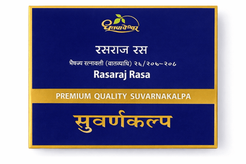 Dhootapapeshwar Rasaraj Rasa tablets box packaging featuring the brand logo, product title in Hindi and English, and the text PREMIUM QUALITY SUVARNAKALPA | BodyStop