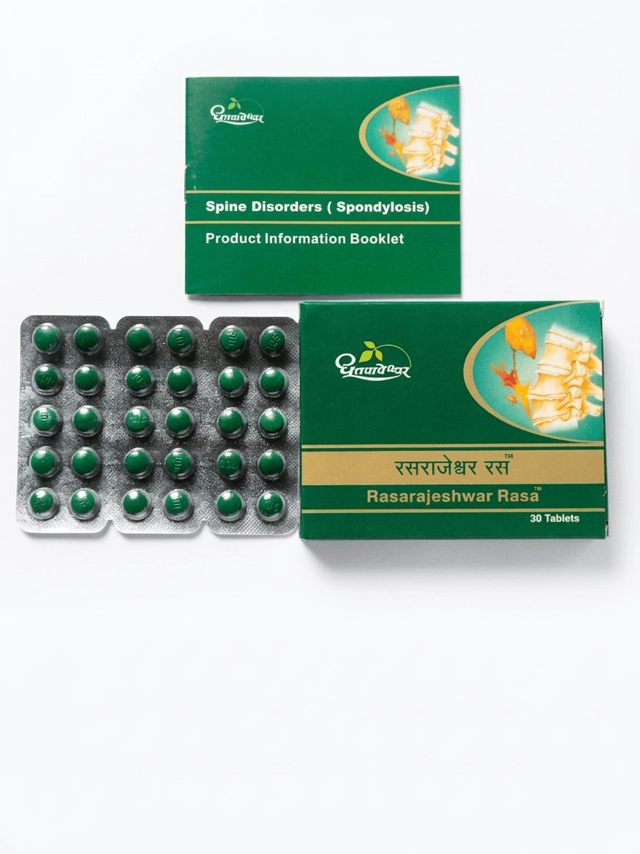 Dhootapapeshwar Rasarajeshwar Rasa tablets packaging showing the product box, a Spine Disorders (Spondylosis) product information booklet, and a blister pack containing green tablets | BodyStop